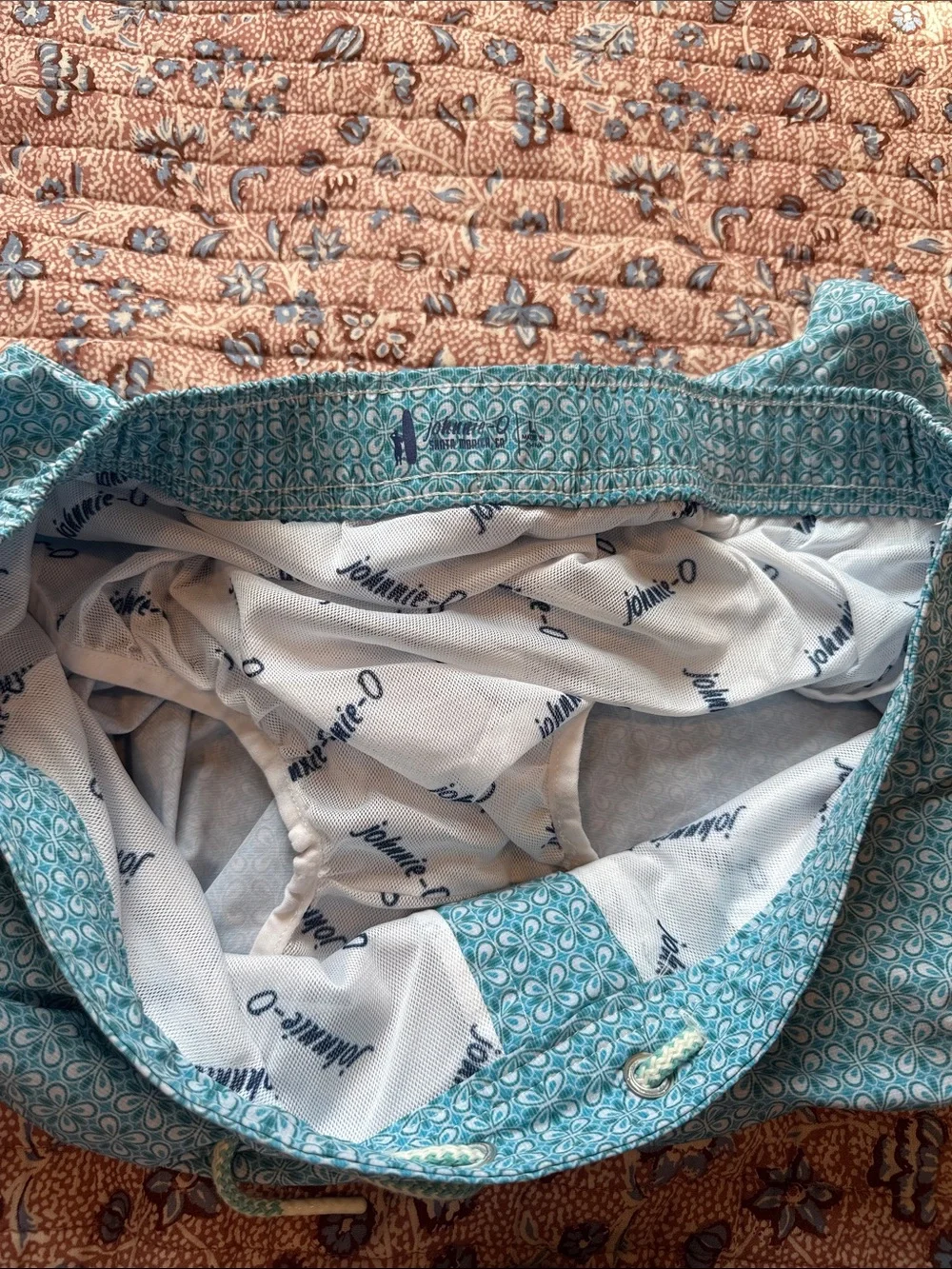 johnnie-O Teal Geo-Print Swim Shorts with Drawstring